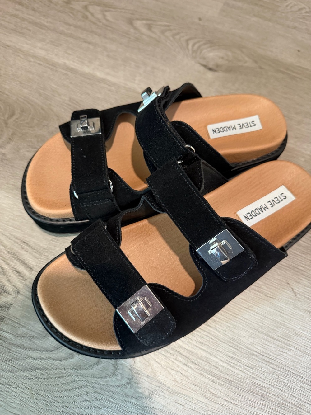 Steve Madden Black Suede Double Buckle Slide Sandals